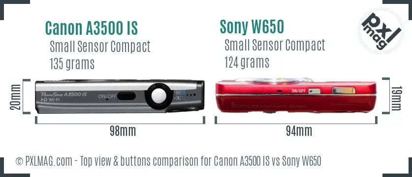 Canon A3500 IS vs Sony W650 top view buttons comparison