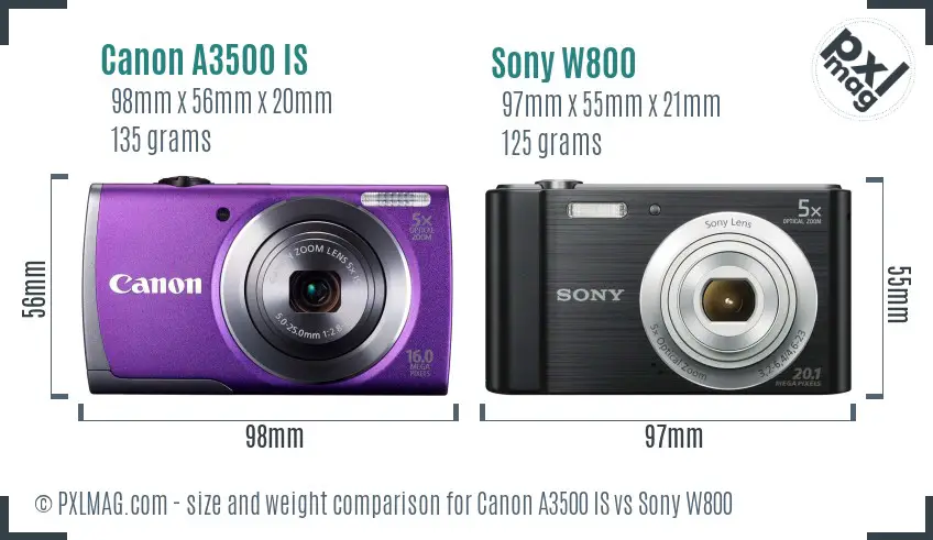 Canon A3500 IS vs Sony W800 size comparison