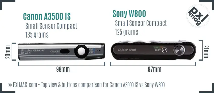 Canon A3500 IS vs Sony W800 top view buttons comparison