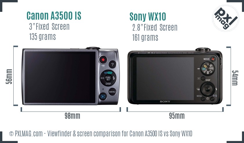 Canon A3500 IS vs Sony WX10 Screen and Viewfinder comparison