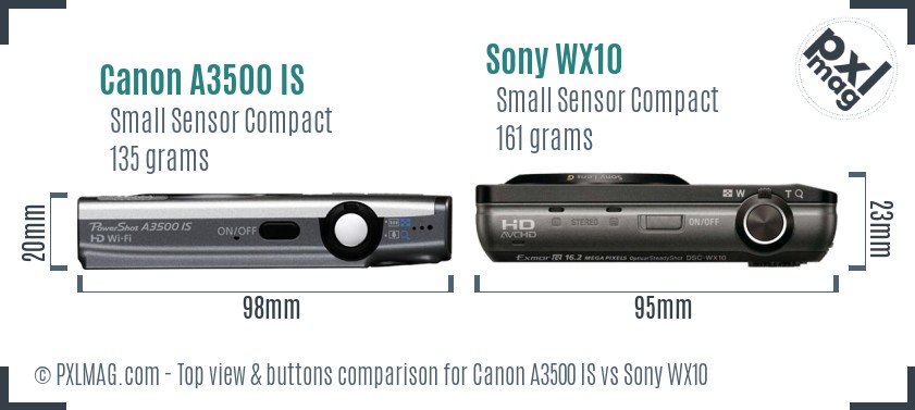 Canon A3500 IS vs Sony WX10 top view buttons comparison