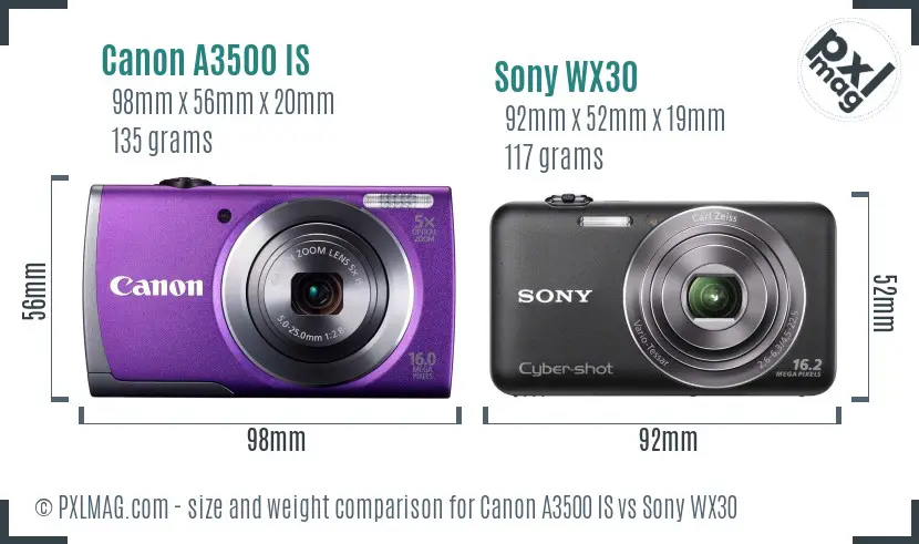 Canon A3500 IS vs Sony WX30 size comparison