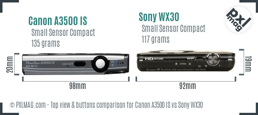 Canon A3500 IS vs Sony WX30 top view buttons comparison