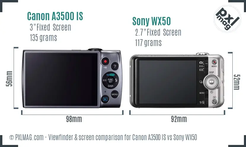 Canon A3500 IS vs Sony WX50 Screen and Viewfinder comparison