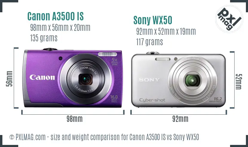 Canon A3500 IS vs Sony WX50 size comparison