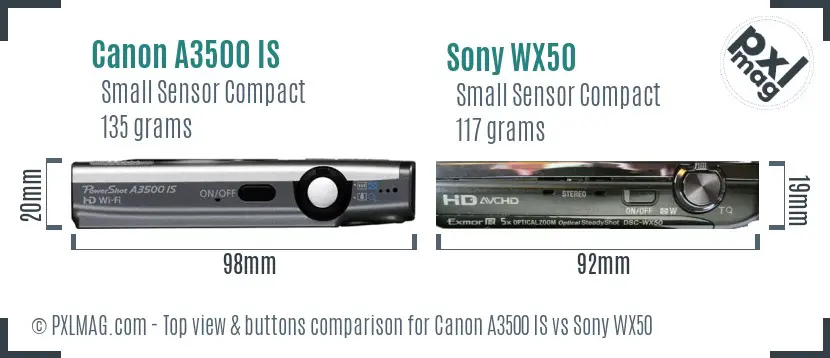 Canon A3500 IS vs Sony WX50 top view buttons comparison