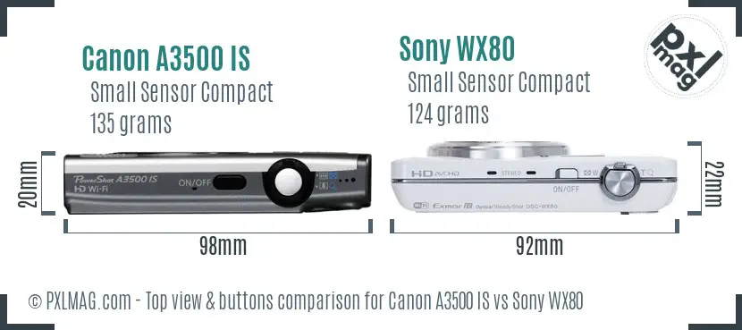 Canon A3500 IS vs Sony WX80 top view buttons comparison