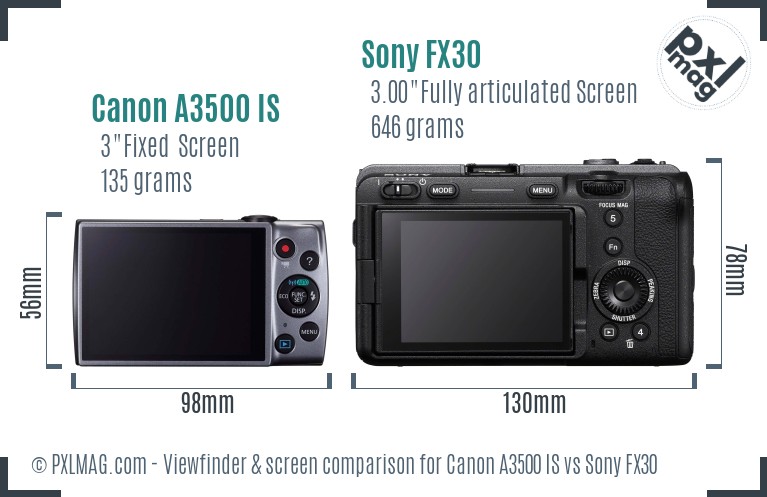 Canon A3500 IS vs Sony FX30 Screen and Viewfinder comparison