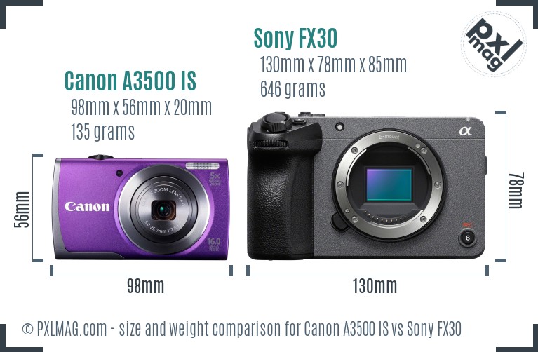 Canon A3500 IS vs Sony FX30 size comparison