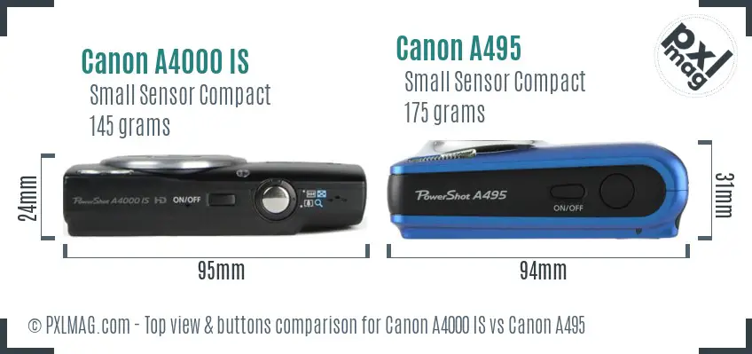 Canon A4000 IS vs Canon A495 top view buttons comparison