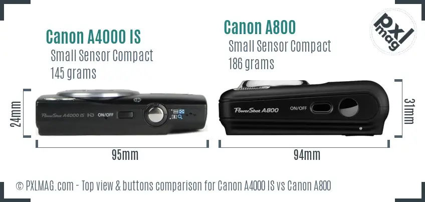Canon A4000 IS vs Canon A800 top view buttons comparison