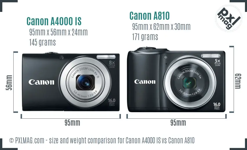 Canon A4000 IS vs Canon A810 size comparison