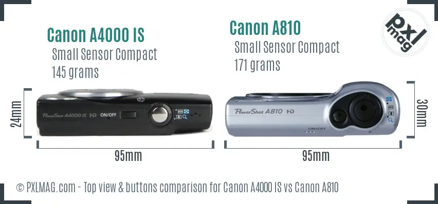 Canon A4000 IS vs Canon A810 top view buttons comparison