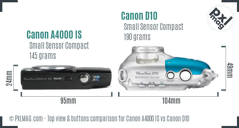 Canon A4000 IS vs Canon D10 top view buttons comparison