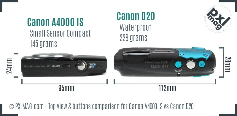 Canon A4000 IS vs Canon D20 top view buttons comparison