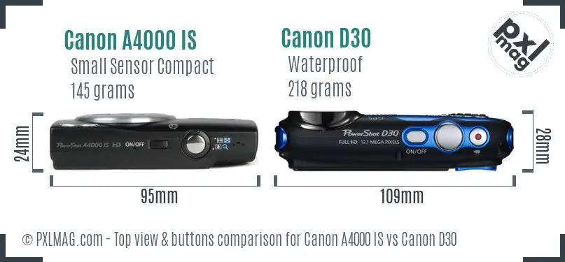 Canon A4000 IS vs Canon D30 top view buttons comparison