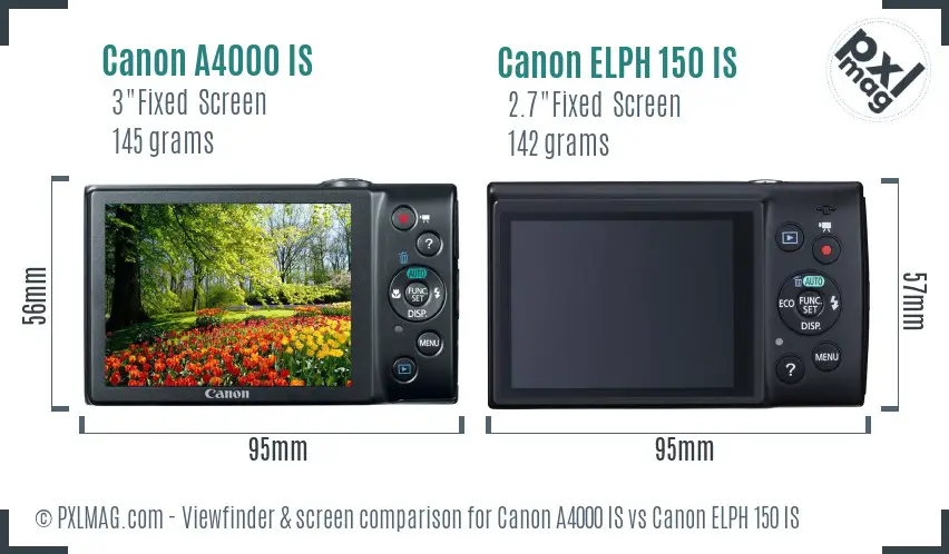 Canon A4000 IS vs Canon ELPH 150 IS Screen and Viewfinder comparison