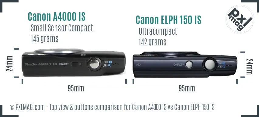 Canon A4000 IS vs Canon ELPH 150 IS top view buttons comparison
