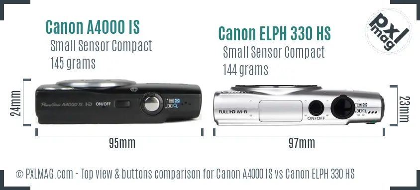 Canon A4000 IS vs Canon ELPH 330 HS top view buttons comparison