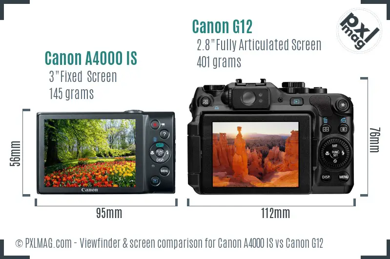 Canon A4000 IS vs Canon G12 Screen and Viewfinder comparison