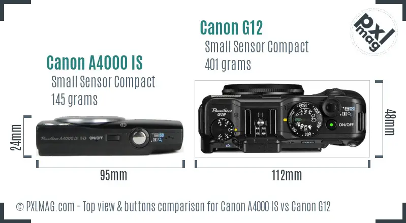 Canon A4000 IS vs Canon G12 top view buttons comparison