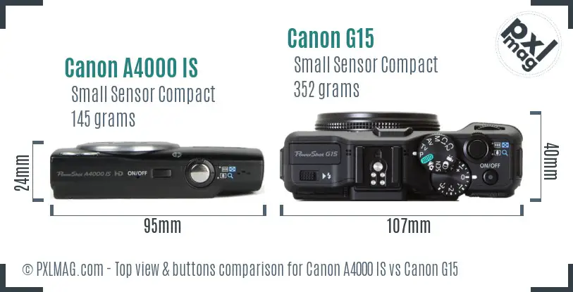 Canon A4000 IS vs Canon G15 top view buttons comparison