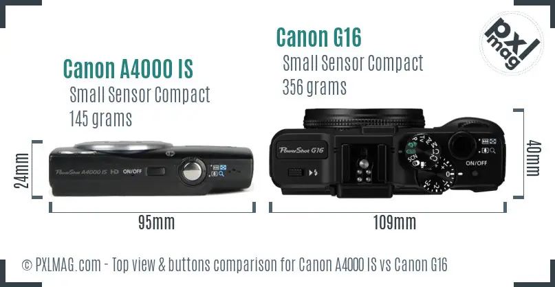 Canon A4000 IS vs Canon G16 top view buttons comparison