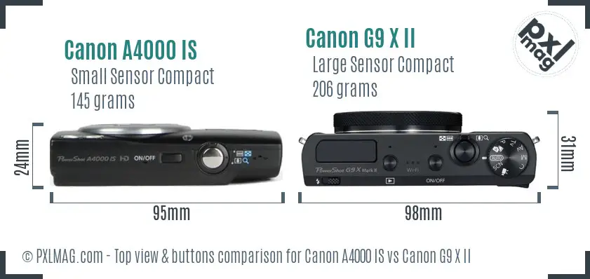 Canon A4000 IS vs Canon G9 X II top view buttons comparison Canon A4000 IS vs Canon G9 X II top view buttons comparison