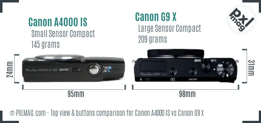 Canon A4000 IS vs Canon G9 X top view buttons comparison