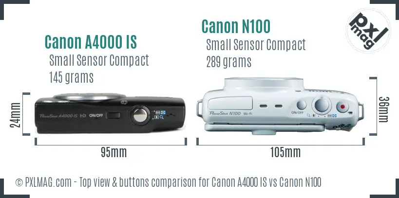Canon A4000 IS vs Canon N100 top view buttons comparison Canon A4000 IS vs Canon N100 top view buttons comparison
