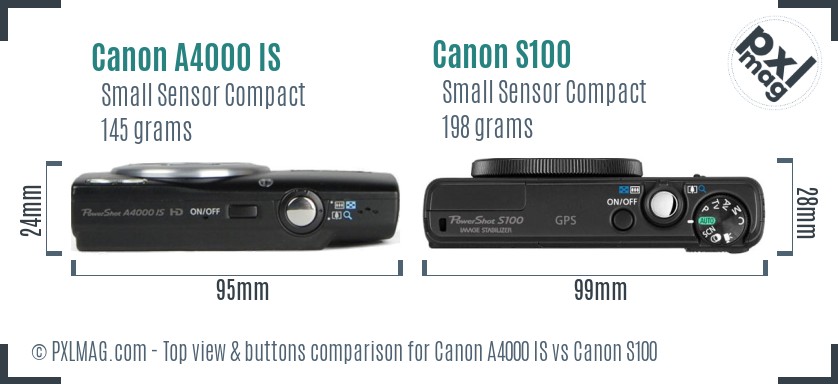 Canon A4000 IS vs Canon S100 top view buttons comparison