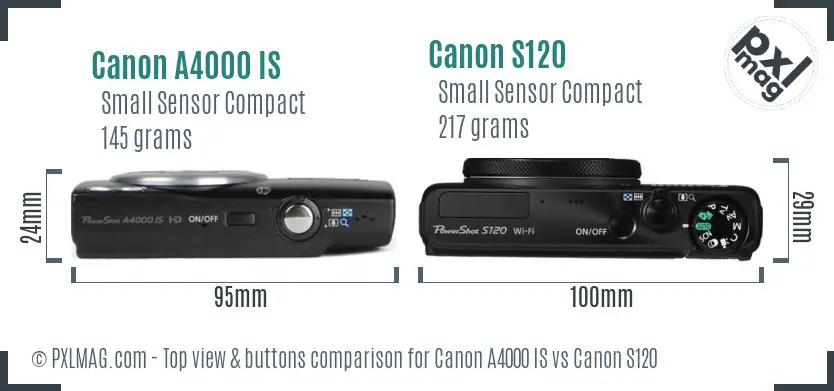 Canon A4000 IS vs Canon S120 top view buttons comparison Canon A4000 IS vs Canon S120 top view buttons comparison