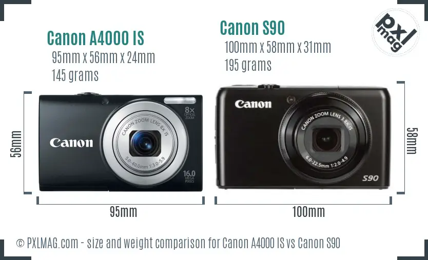 Canon A4000 IS vs Canon S90 size comparison