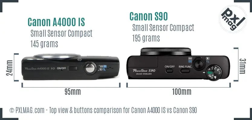 Canon A4000 IS vs Canon S90 top view buttons comparison