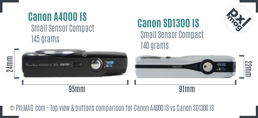 Canon A4000 IS vs Canon SD1300 IS top view buttons comparison