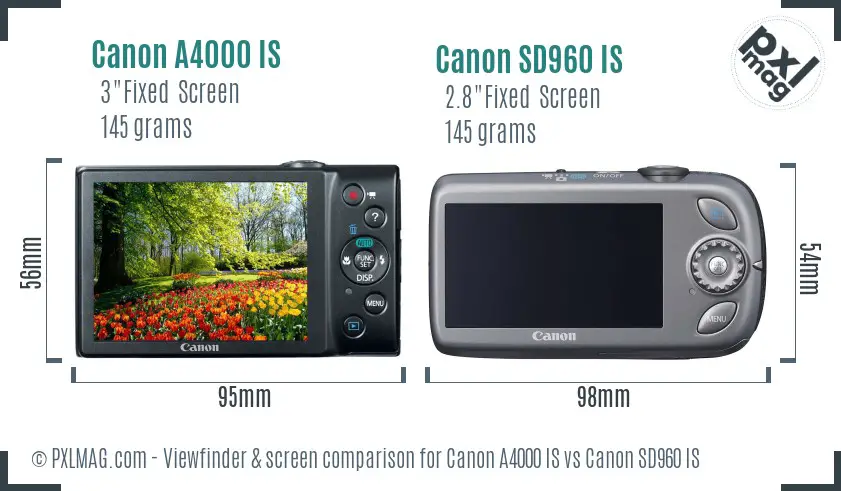 Canon A4000 IS vs Canon SD960 IS Screen and Viewfinder comparison