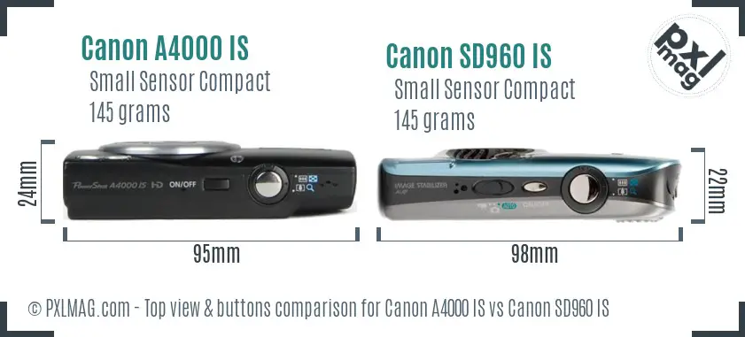 Canon A4000 IS vs Canon SD960 IS top view buttons comparison