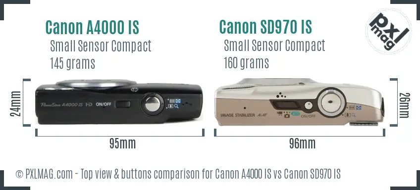 Canon A4000 IS vs Canon SD970 IS top view buttons comparison