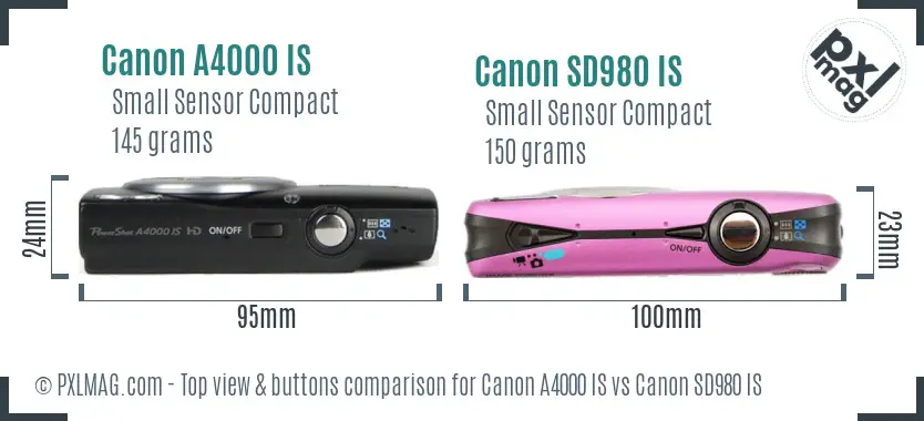 Canon A4000 IS vs Canon SD980 IS top view buttons comparison Canon A4000 IS vs Canon SD980 IS top view buttons comparison