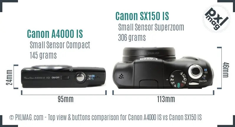 Canon A4000 IS vs Canon SX150 IS top view buttons comparison