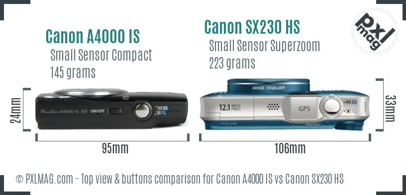 Canon A4000 IS vs Canon SX230 HS top view buttons comparison