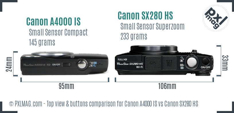 Canon A4000 IS vs Canon SX280 HS top view buttons comparison