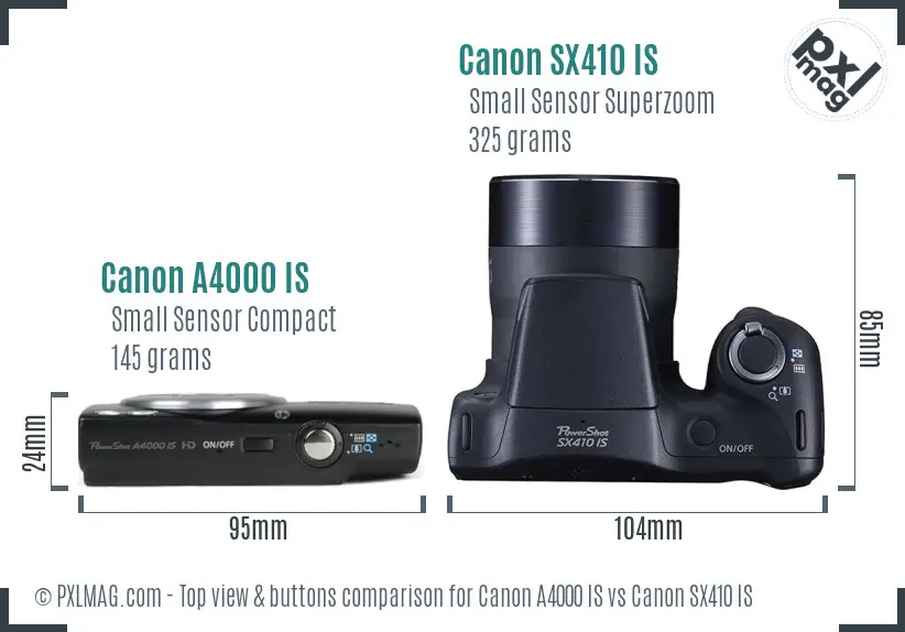 Canon A4000 IS vs Canon SX410 IS top view buttons comparison