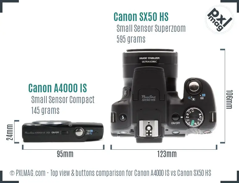 Canon A4000 IS vs Canon SX50 HS top view buttons comparison
