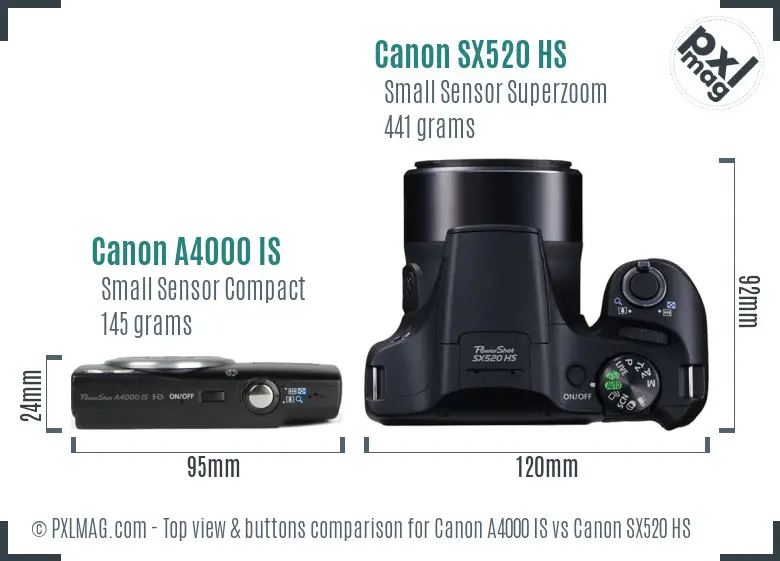 Canon A4000 IS vs Canon SX520 HS top view buttons comparison