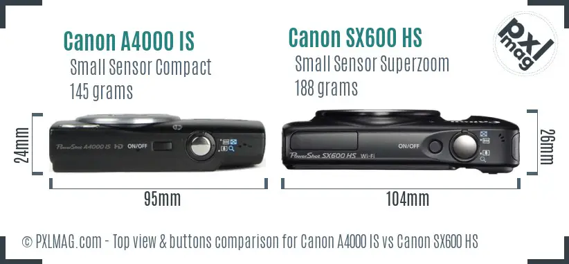 Canon A4000 IS vs Canon SX600 HS top view buttons comparison Canon A4000 IS vs Canon SX600 HS top view buttons comparison