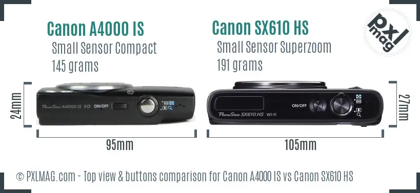 Canon A4000 IS vs Canon SX610 HS top view buttons comparison