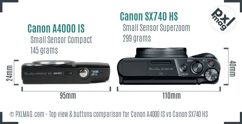 Canon A4000 IS vs Canon SX740 HS top view buttons comparison Canon A4000 IS vs Canon SX740 HS top view buttons comparison