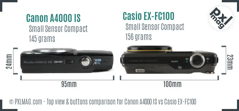 Canon A4000 IS vs Casio EX-FC100 top view buttons comparison