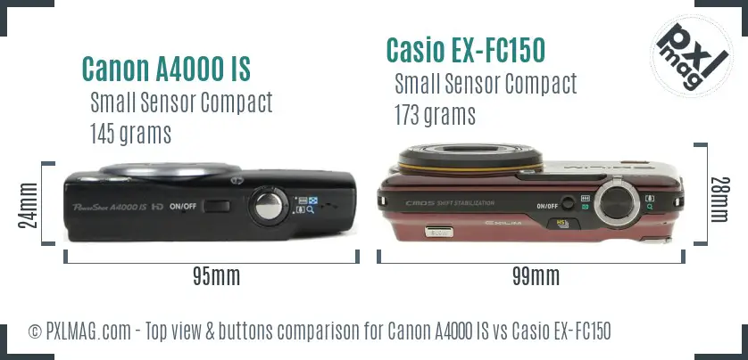 Canon A4000 IS vs Casio EX-FC150 top view buttons comparison